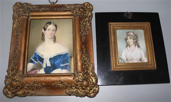 Early 19C English School watercolour miniature of a lady in a white gown and a Victorian miniature of a lady (both framed)